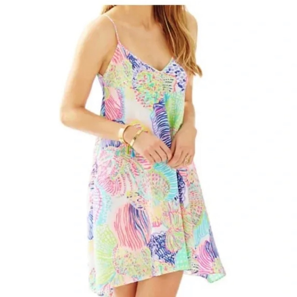 Lilly Pulitzer Sleeveless Swing Dress Pink Blue Green Tropical Print Resort S - Picture 7 of 10